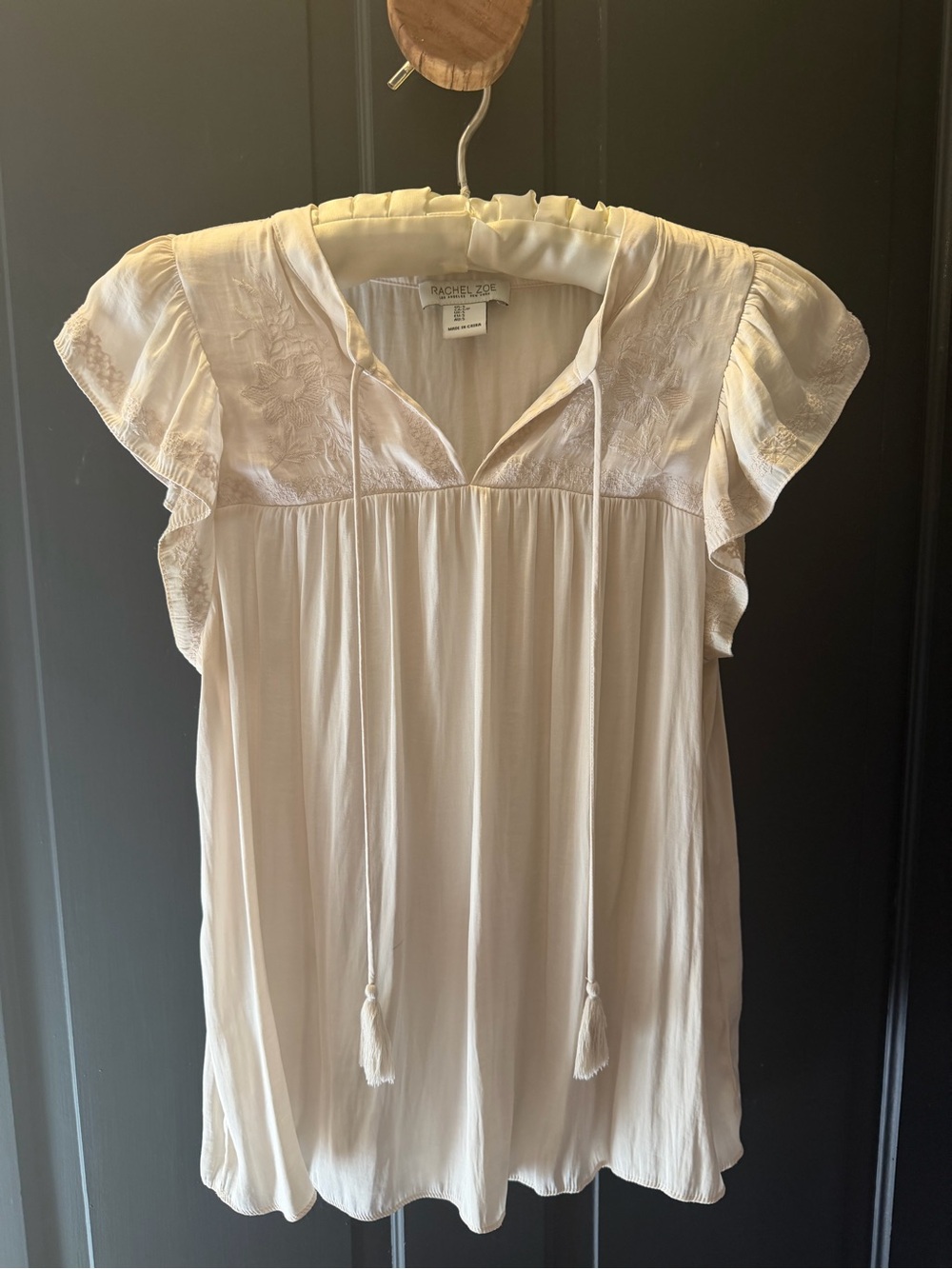 Rachel Zoe Cream Embroidered Tassel-Front Flutter-Sleeve Chemise Top
